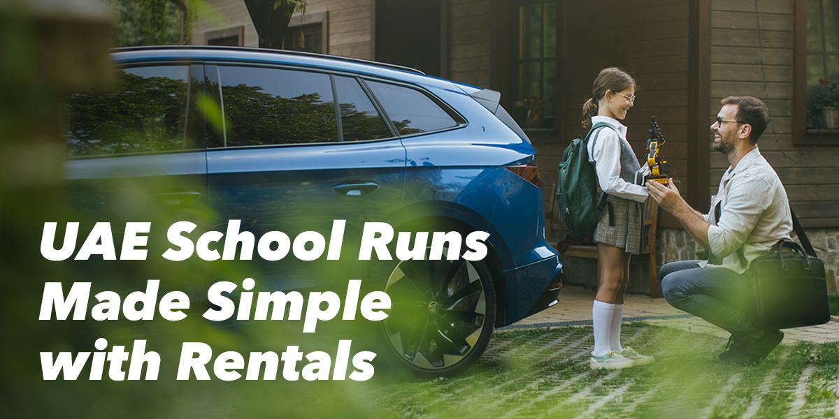 A green upward arrow graph overlays an image of two people entering a car, with “selfdrive.ae” and a QR code in the bottom right corner. The background suggests growth and increasing car usage.